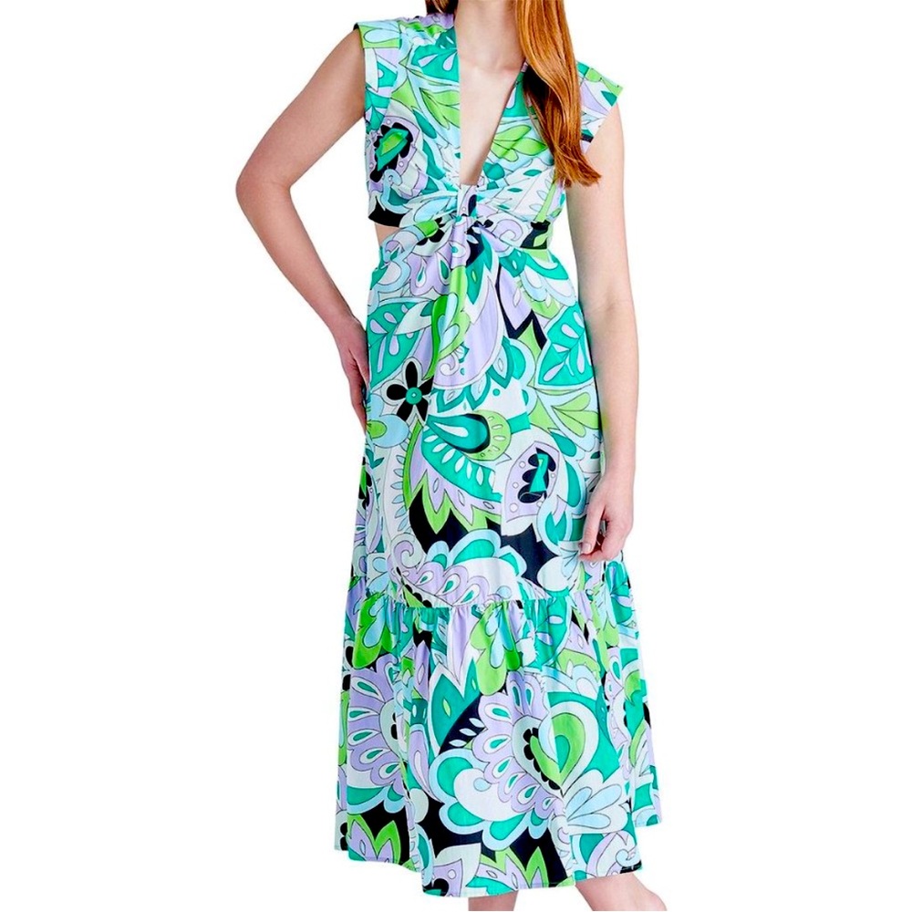 Amanda Retro Print V-Neck Cap Sleeve Cut-Out Waist Poplin Maxi Dress